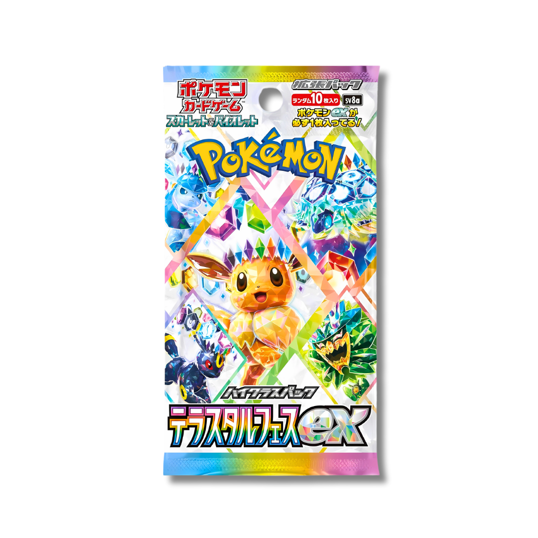 Booster Pokémon individuel du set spécial japonais "Battle Pack Terastal ex" (SV8a), avec un artwork montrant Evoli Téracristal entouré de plusieurs de ses évolutions.
