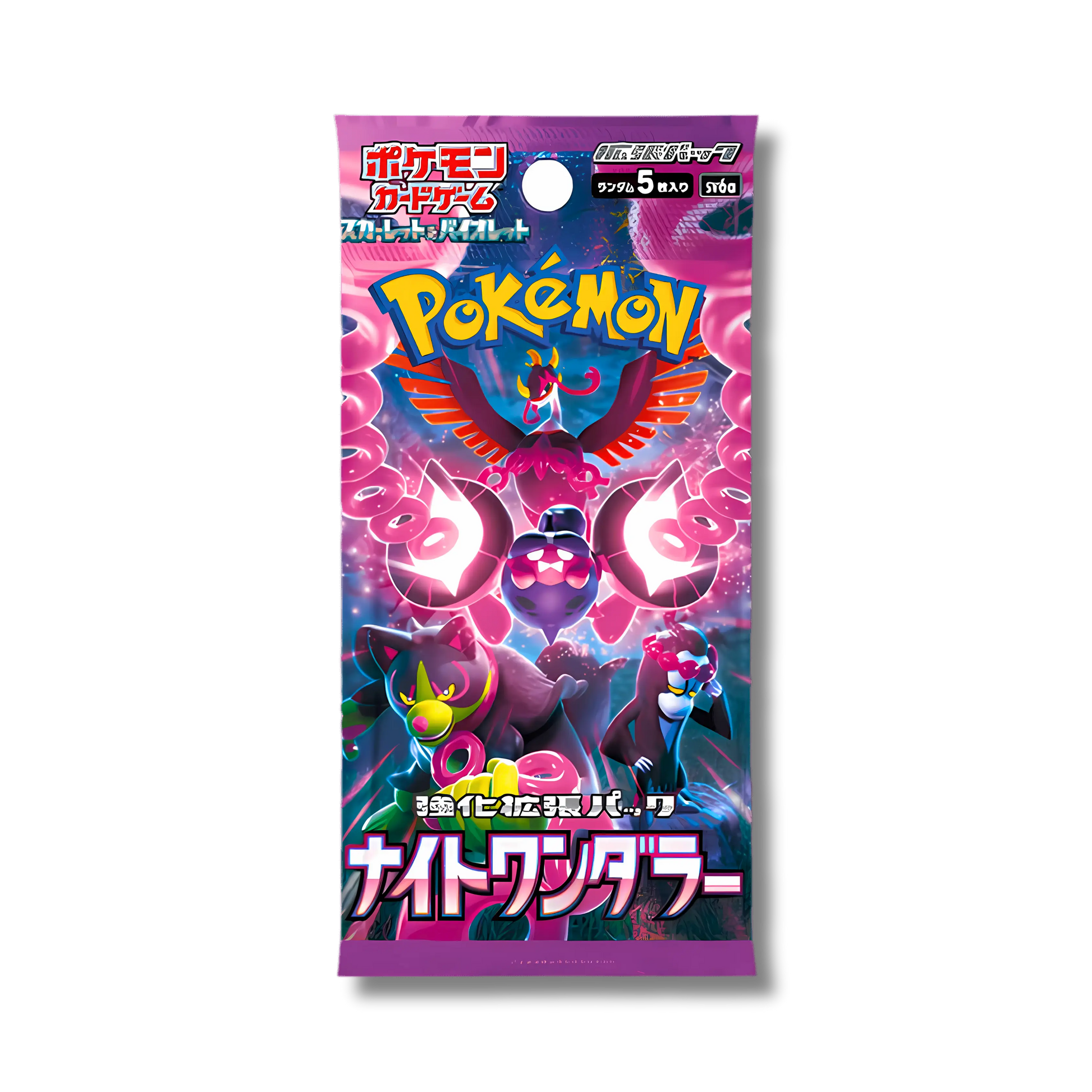 Booster Pokémon individuel du set japonais Night Wanderer (SV6a), avec un artwork nocturne mettant en scène le Pokémon fabuleux Pêchaminus et ses fidèles, Félicanis, Fortusimia et Favianos.