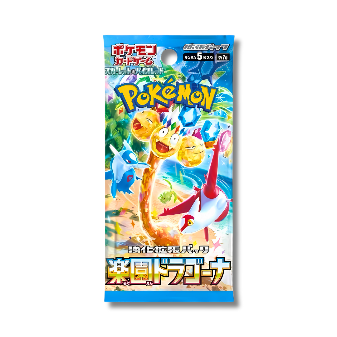 Booster Pokémon individuel du set japonais Paradise Dragona (SV7a), avec son artwork tropical montrant Latios, Latias et Noadkoko d'Alola sur une plage.
