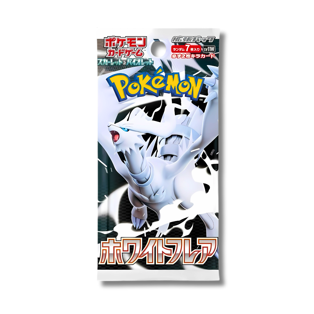Booster Pokémon individuel du set japonais White Flare (SV11w), montrant l'artwork de Reshiram sur l'emballage.