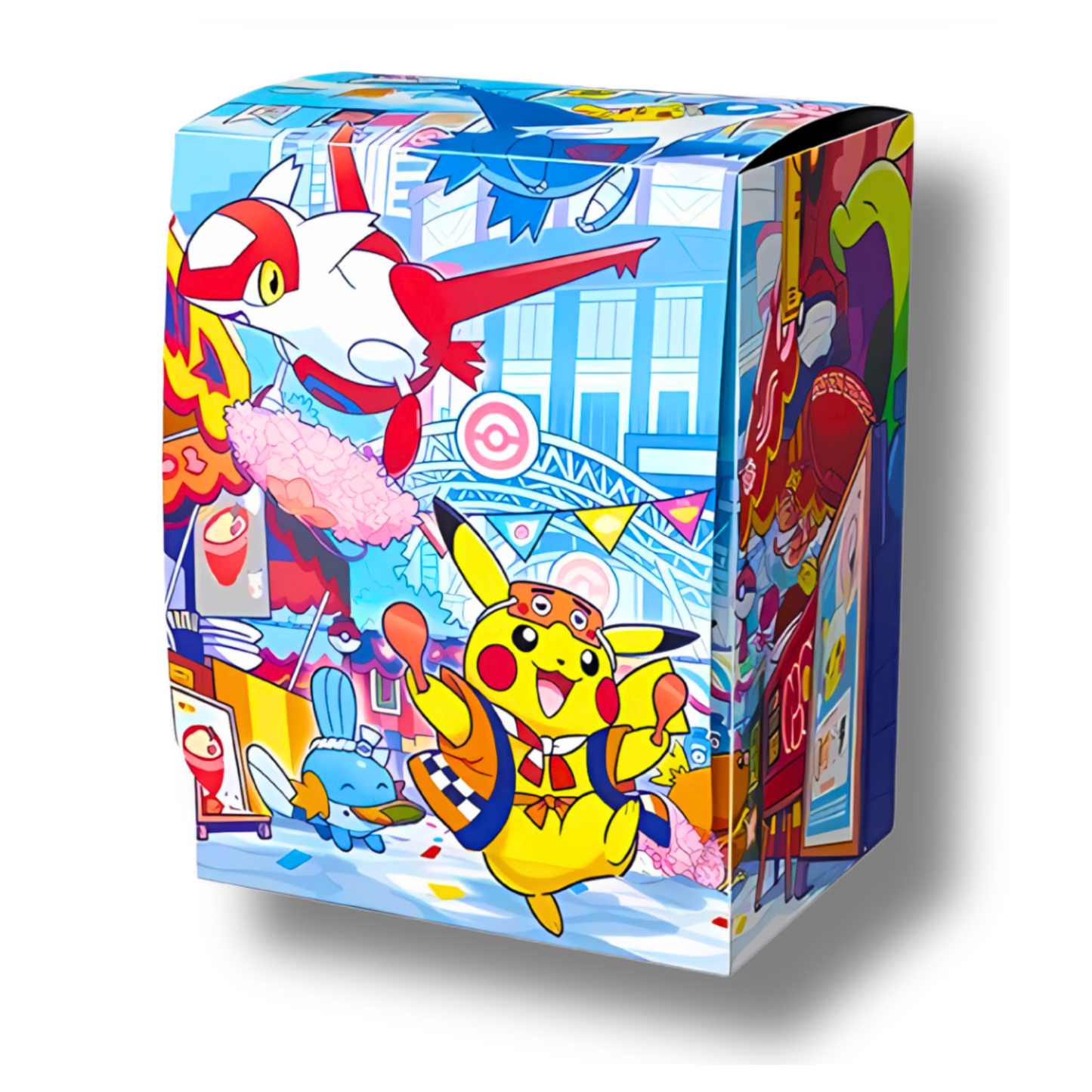 Boîte de rangement (Deck Box) Pokémon, édition limitée exclusive au Pokémon Center Fukuoka, illustrée avec un artwork de Pikachu, Latios, Latias et Gobu faisant la fête.