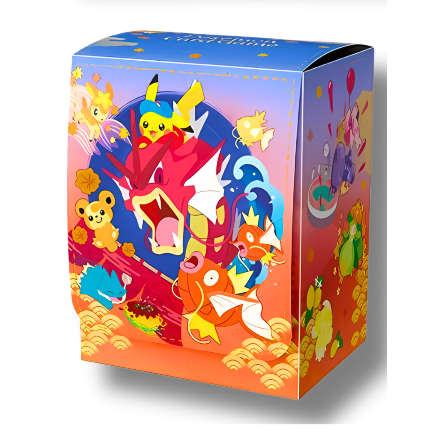 Boîte de rangement (Deck Box) Pokémon, édition limitée exclusive au Pokémon Center d'Hiroshima, illustrée avec un artwork de Pikachuagrippé sur le dos du Léviator Rouge.