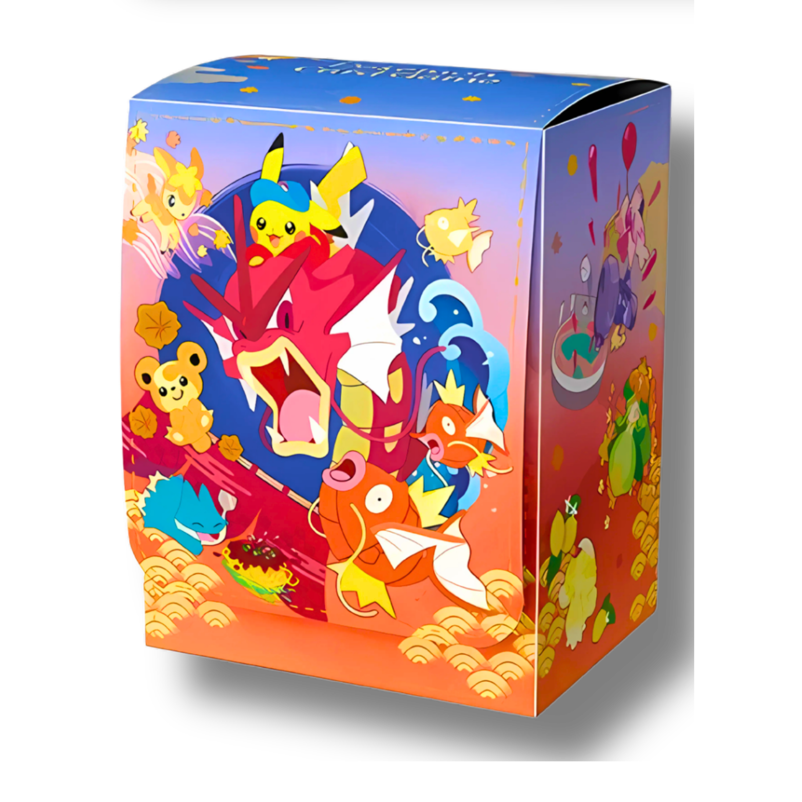 Boîte de rangement (Deck Box) Pokémon, édition limitée exclusive au Pokémon Center d'Hiroshima, illustrée avec un artwork de Pikachuagrippé sur le dos du Léviator Rouge.
