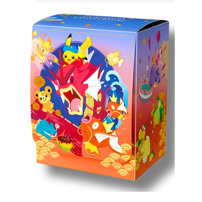 Boîte de rangement (Deck Box) Pokémon, édition limitée exclusive au Pokémon Center d'Hiroshima, illustrée avec un artwork de Pikachuagrippé sur le dos du Léviator Rouge.