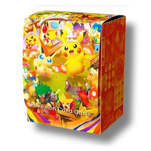 Boîte de rangement (Deck Box) Pokémon, édition limitée exclusive au Pokémon Center de Tohoku, illustrée avec un artwork festif de Pikachu et Victini.