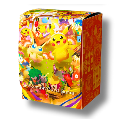 Boîte de rangement (Deck Box) Pokémon, édition limitée exclusive au Pokémon Center de Tohoku, illustrée avec un artwork festif de Pikachu et Victini.