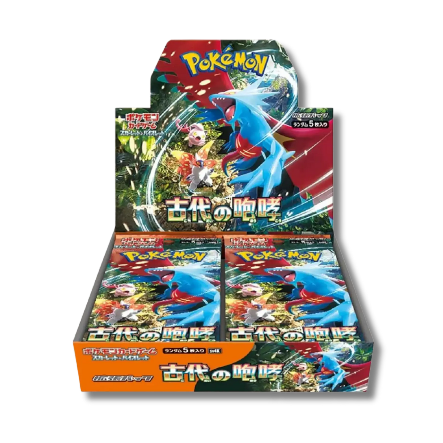 Display scellée de la série Pokémon japonaise Ancient Roar (SV5k), contenant 30 boosters, avec l'artwork du puissant Pokémon Paradoxe Rugit-Lune sur l'emballage.