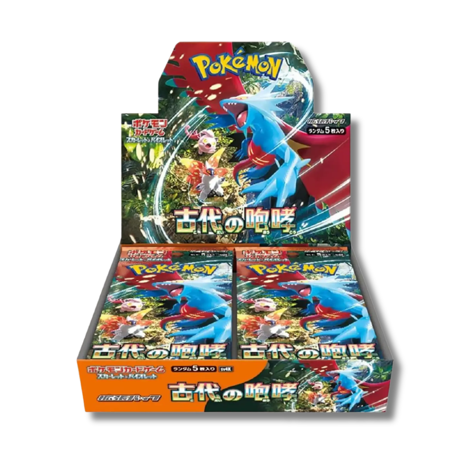 Display scellée de la série Pokémon japonaise Ancient Roar (SV5k), contenant 30 boosters, avec l'artwork du puissant Pokémon Paradoxe Rugit-Lune sur l'emballage.