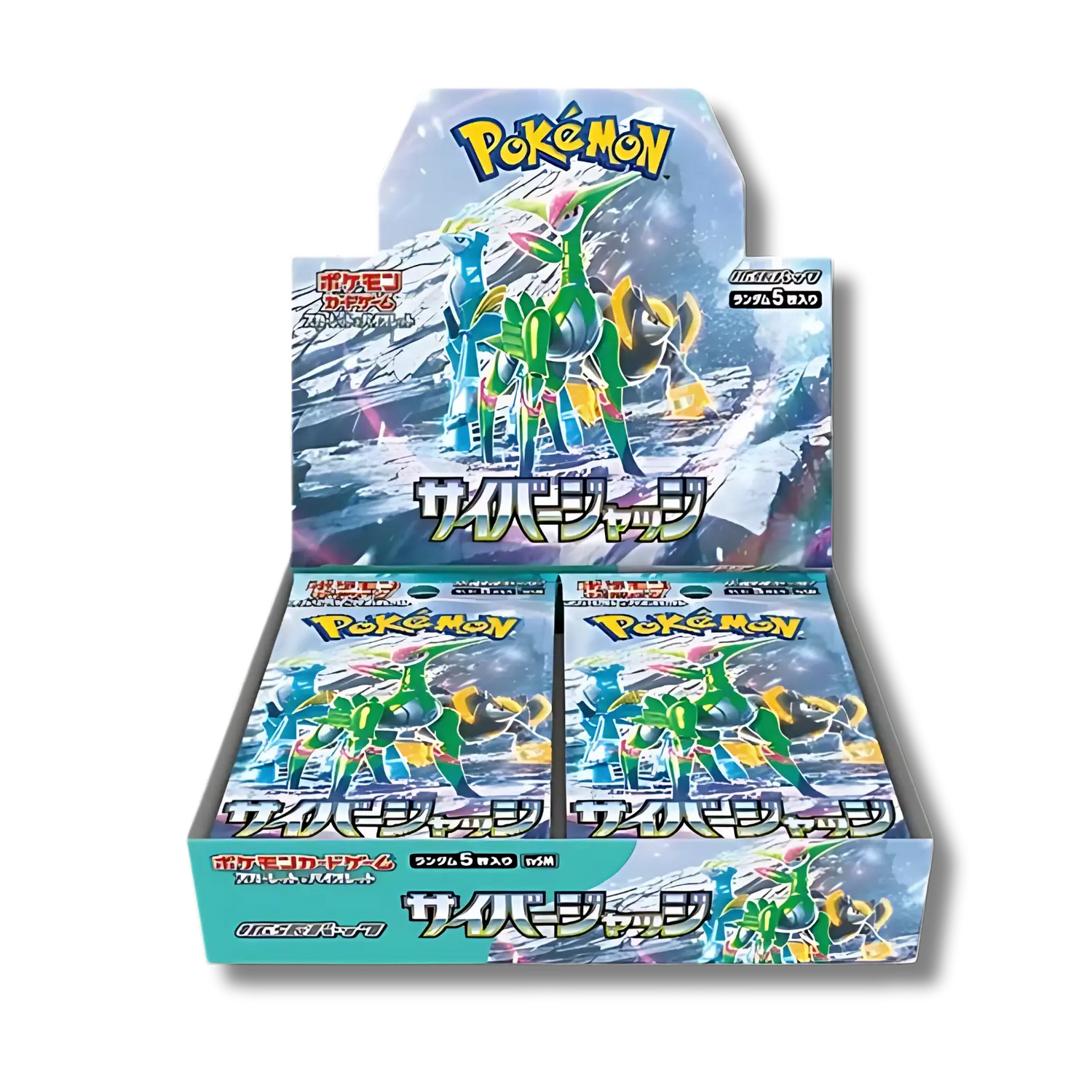 Display scellée de la série Pokémon japonaise Cyber Judge (SV5m), contenant 30 boosters, avec un artwork mettant en scène les Pokémon Paradoxe du futur Chef-de-Fer, Vert-de-Fer et Roc-de-Fer.