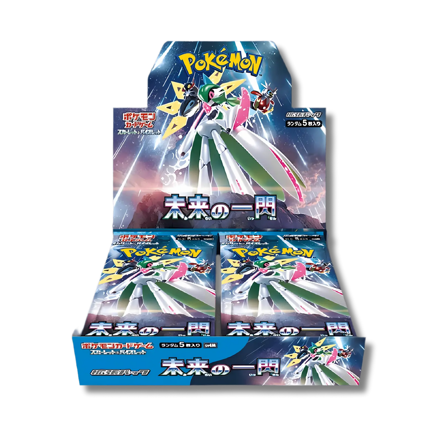 Display scellée de la série Pokémon japonaise Future Flash (SV4m), contenant 30 boosters, avec l'artwork du Pokémon Paradoxe du futur Garde-de-Fer (Iron Valiant) au centre.