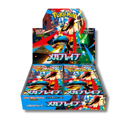 Display scellée de la série Pokémon japonaise Mega Brave (M1L), contenant 30 boosters, avec l'artwork de Lucario Mega Evolution de type Combat sur l'emballage.