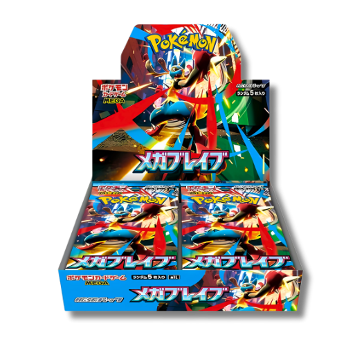 Display scellée de la série Pokémon japonaise Mega Brave (M1L), contenant 30 boosters, avec l'artwork de Lucario Mega Evolution de type Combat sur l'emballage.