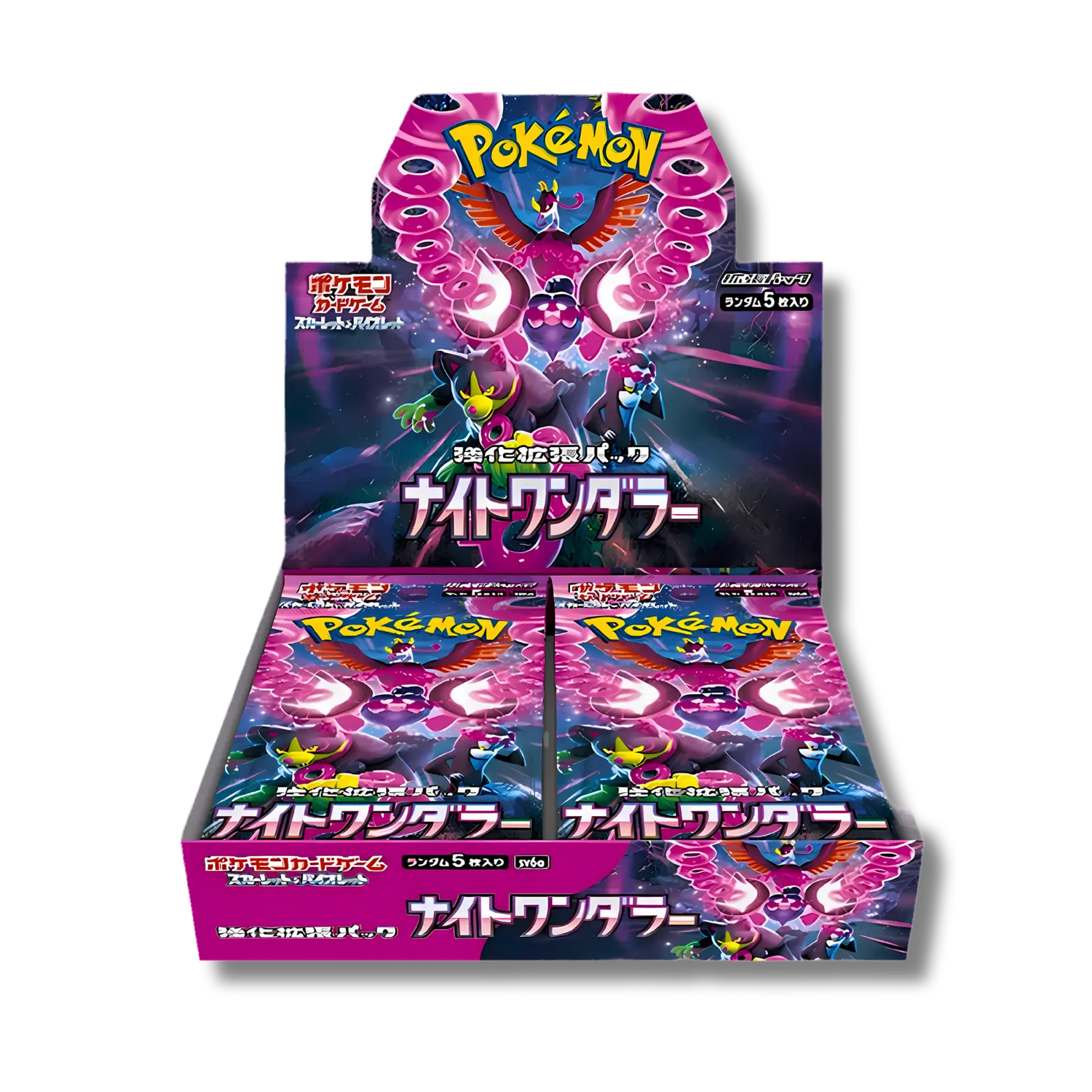 Display scellée de la série Pokémon japonaise Night Wanderer (SV6a), contenant 30 boosters, avec un artwork nocturne mettant en scène le Pokémon fabuleux Pêchaminus et ses fidèles, Félicanis, Fortusimia et Favianos.