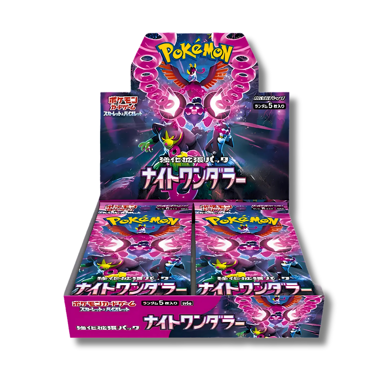 Display scellée de la série Pokémon japonaise Night Wanderer (SV6a), contenant 30 boosters, avec un artwork nocturne mettant en scène le Pokémon fabuleux Pêchaminus et ses fidèles, Félicanis, Fortusimia et Favianos.