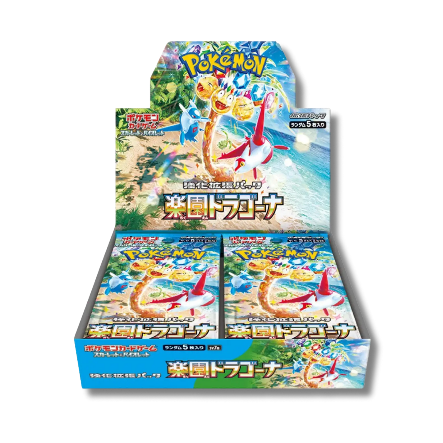 Display scellée de la série Pokémon japonaise Paradise Dragona (SV7a), contenant 30 boosters, avec un artwork tropical montrant Pondralugon, Latios, Latias et Noadkoko d'Alola sur une plage.