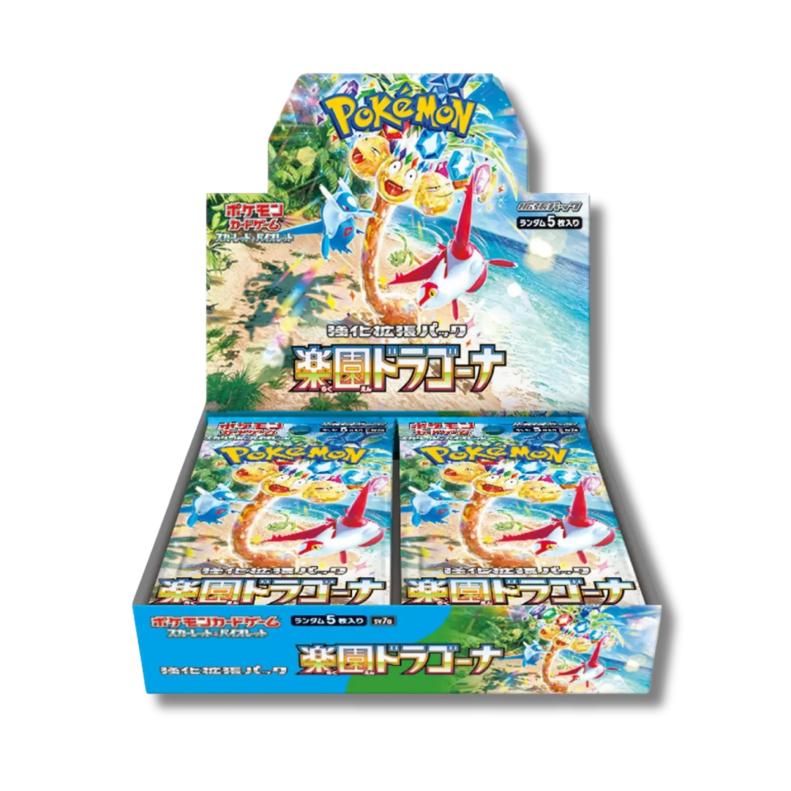 Display scellée de la série Pokémon japonaise Paradise Dragona (SV7a), contenant 30 boosters, avec un artwork tropical montrant Pondralugon, Latios, Latias et Noadkoko d'Alola sur une plage.