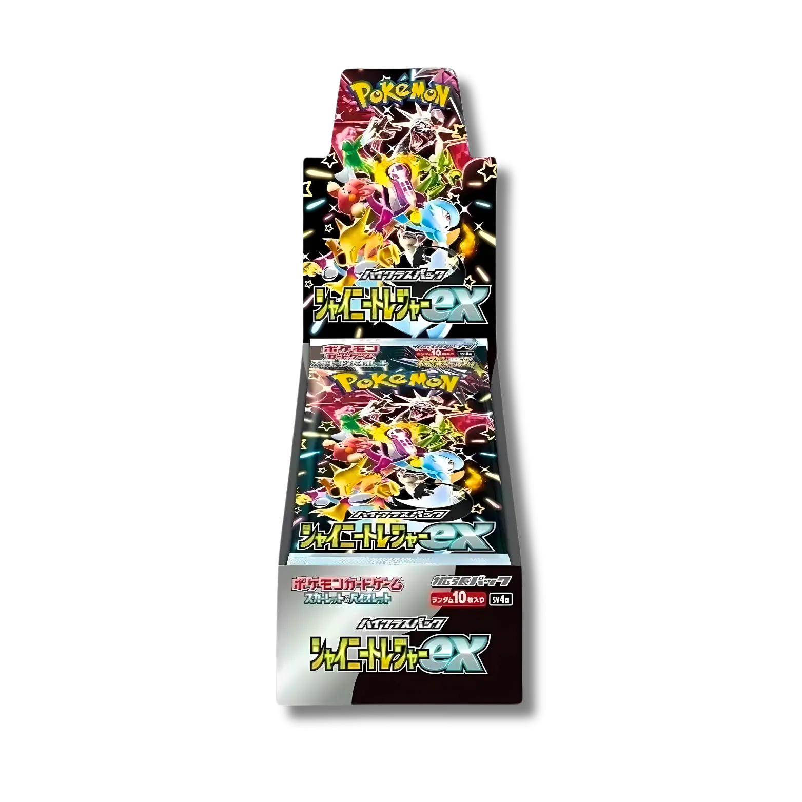 Display scellée du set spécial japonais "Shiny Treasure ex" (SV4a), contenant 10 boosters, avec un artwork explosif montrant les Pokémon Dracaufeu, Gardevoir et Alakazam dans leur version chromatique (shiny).