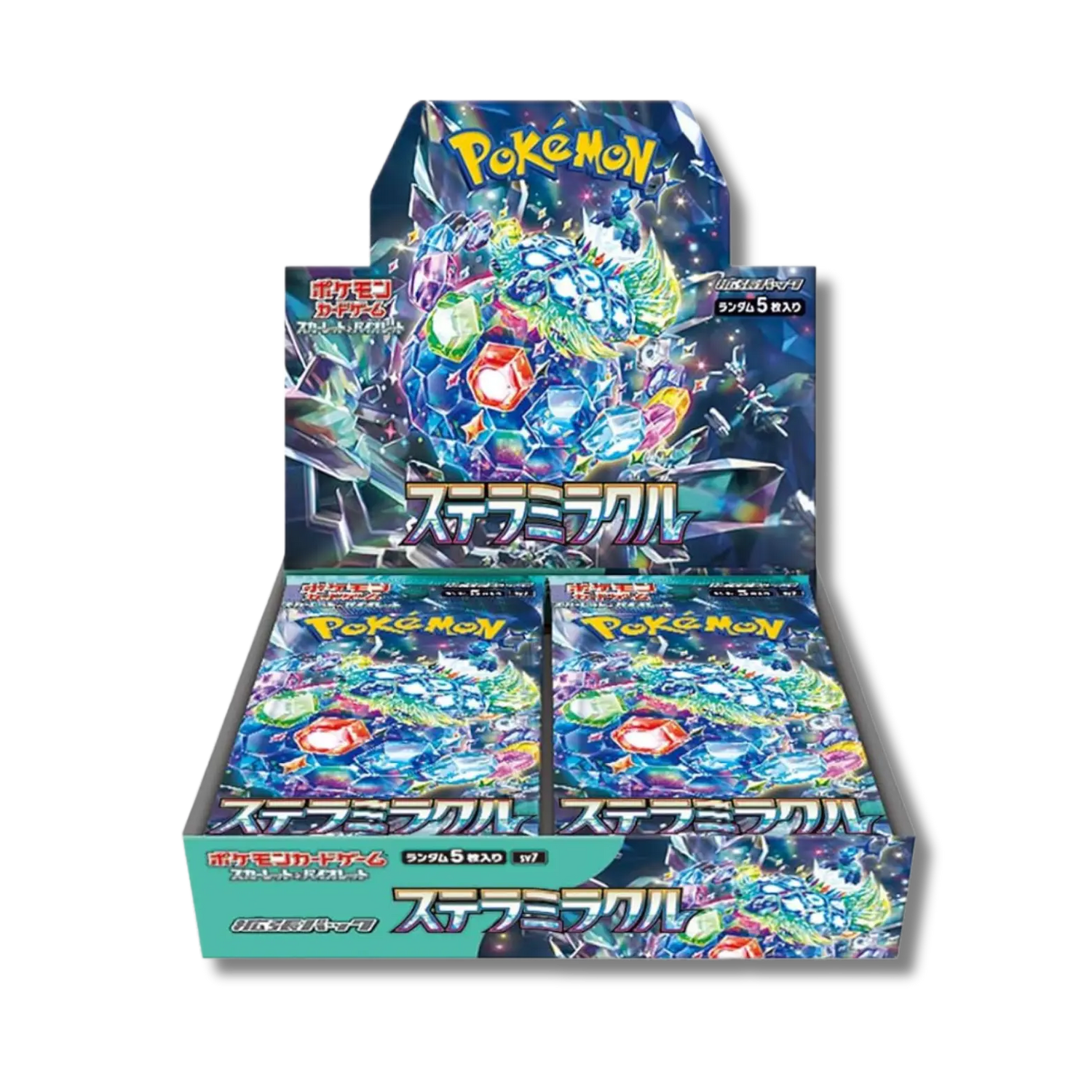 Display scellée de la série Pokémon japonaise Stellar Miracle (SV7), contenant 30 boosters, avec un artwork magnifique du Pokémon légendaire Terapagos dans sa Forme Stellaire.