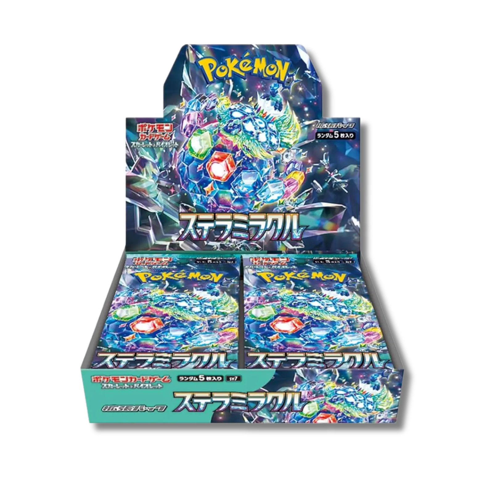 Display scellée de la série Pokémon japonaise Stellar Miracle (SV7), contenant 30 boosters, avec un artwork magnifique du Pokémon légendaire Terapagos dans sa Forme Stellaire.