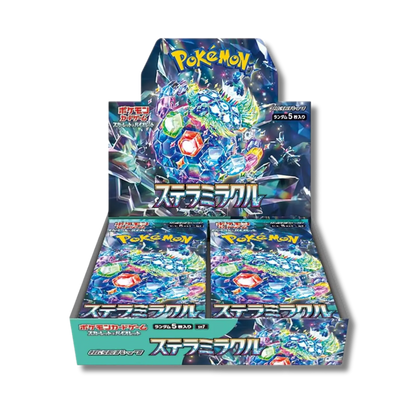 Display scellée de la série Pokémon japonaise Stellar Miracle (SV7), contenant 30 boosters, avec un artwork magnifique du Pokémon légendaire Terapagos dans sa Forme Stellaire.