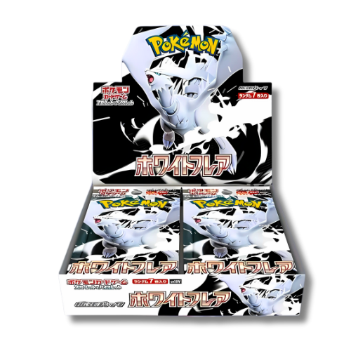 Display scellée de la série Pokémon japonaise White Flare (SV11w), contenant 30 boosters, avec l'artwork du Pokémon légendaire Reshiram sur l'emballage.