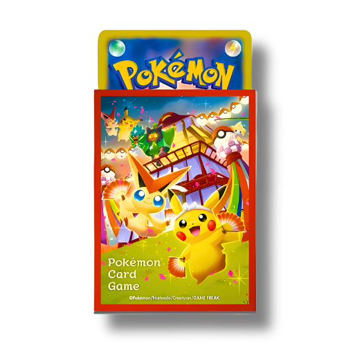 Paquet de 64 sleeves Pokémon (protège-cartes), édition limitée exclusive au Pokémon Center de Tohoku, avec un artwork de Pikachu et Victini dans une ambiance de festival.